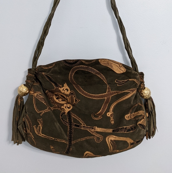 Vintage Park Avenue Olive Green Equestrian Horsebit Embossed Suede Leather Bag - Picture 6 of 12